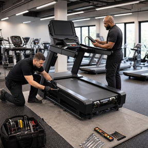 Two professional fitness equipment technicians assembling and calibrating a commercial treadmill in a gym