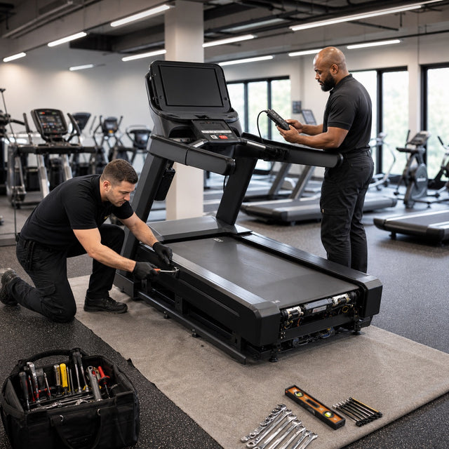 Two professional fitness equipment technicians assembling and calibrating a commercial treadmill in a gym