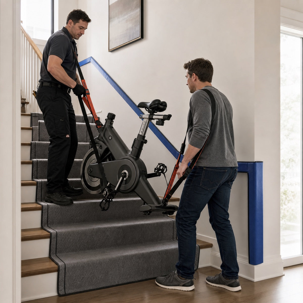 Technician and customer safely carrying an exercise bike upstairs with moving straps