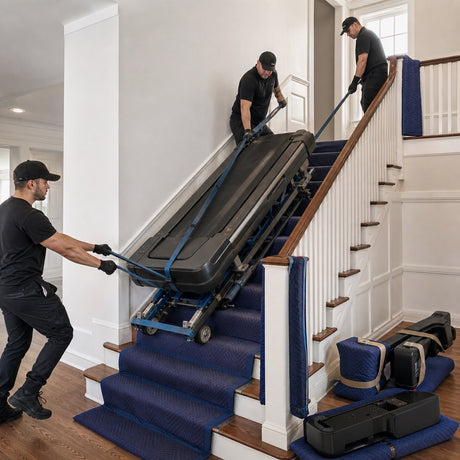 Three professional technicians safely moving a treadmill deck upstairs with a stair-climbing dolly and straps